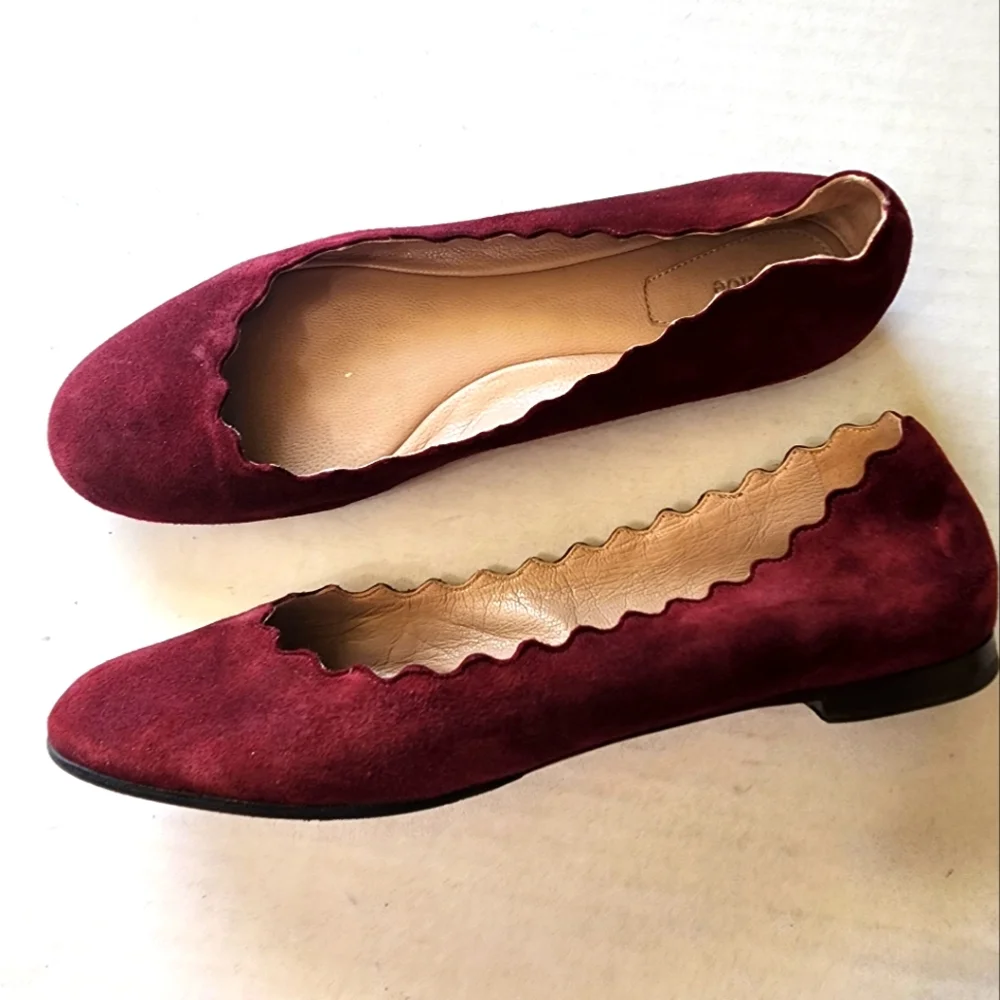 Chloe | Lauren Suede Scalloped Burgundy‎ Suede Flats 7.5